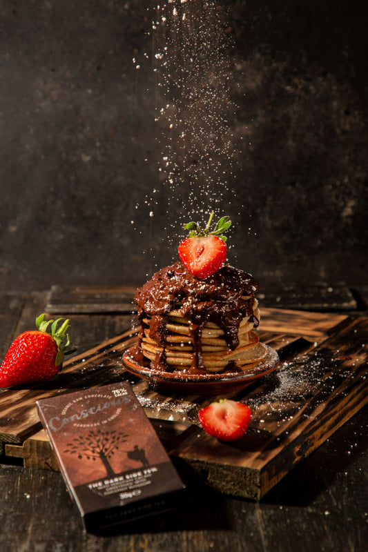 Vegan Breakfast Pancakes with Dark Chocolate and Strawberries